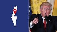 הנשיא דונלד טראמפ לצד מפת ישראל כפי שהפיץ 