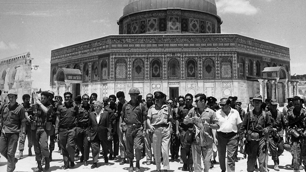 Then-Prime Minister David Ben Gurion and military brass on Temple Mount immediately following Six Day War 
