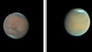 מימין, מאדים בצילום מ-23 ביוני השנה, סופת אבק מכסה את פניו. משמאל: מאדים מ-17 ביולי.  סופת האבק בדעיכה. שתי התמונות צולמו על ידי ד"ר יגאל פת-אל