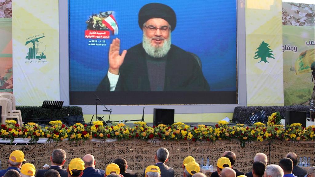 Hassan Nasrallah speaking to Hezbollah supporters in Beirut via video 