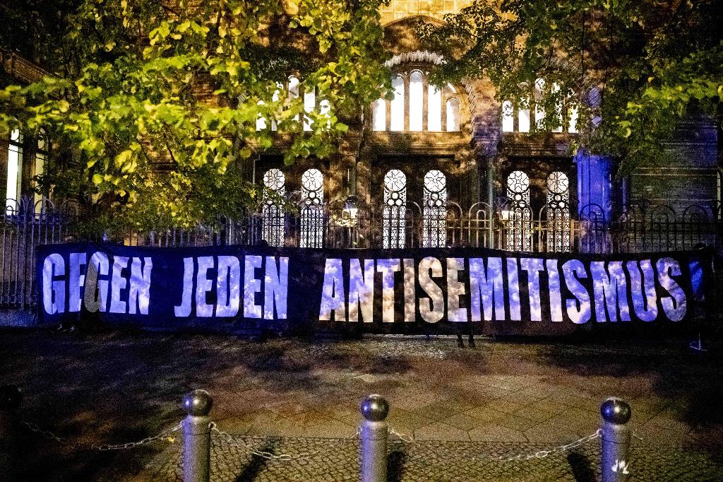 A banner reading 'Against all anti-Semitism' is is held up at a solidarity rally in Berlin after the attack on a synagogue in Halle, Oct. 9, 2019