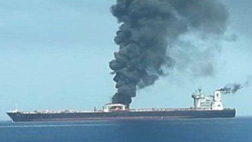 An Iranian oil tanker off the coast of Saudi Arabia burns after it was hit by missiles in 2019 