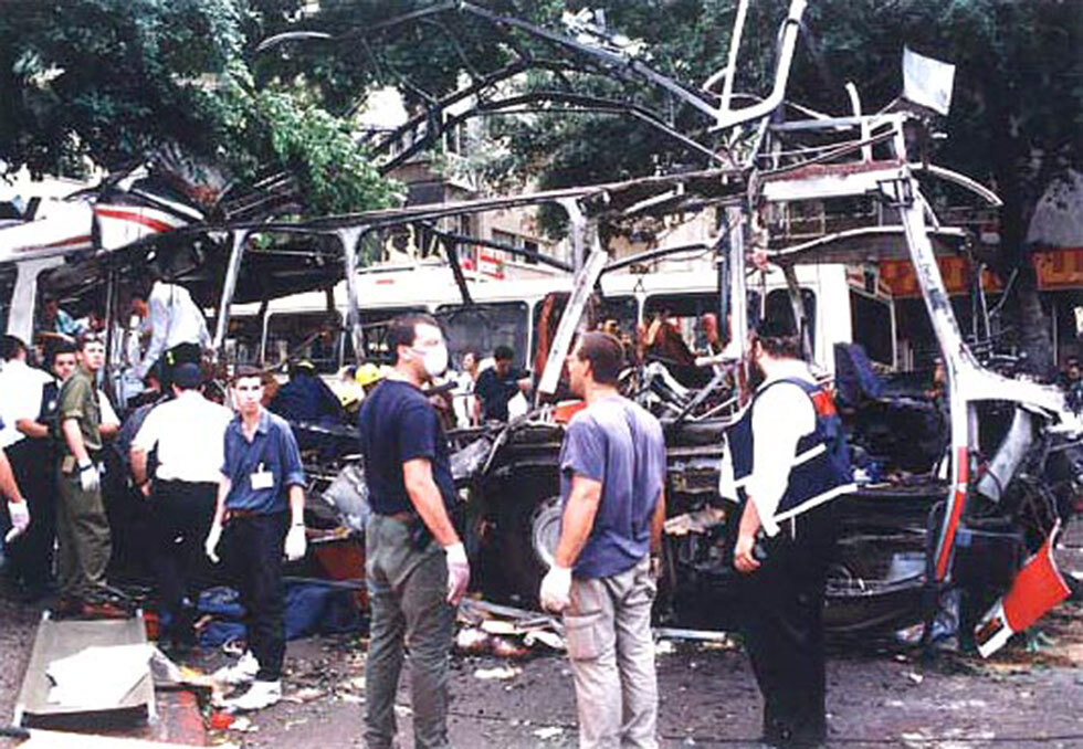 Suicide bombing attack by Hamas on a passenger bus in Tel Aviv 