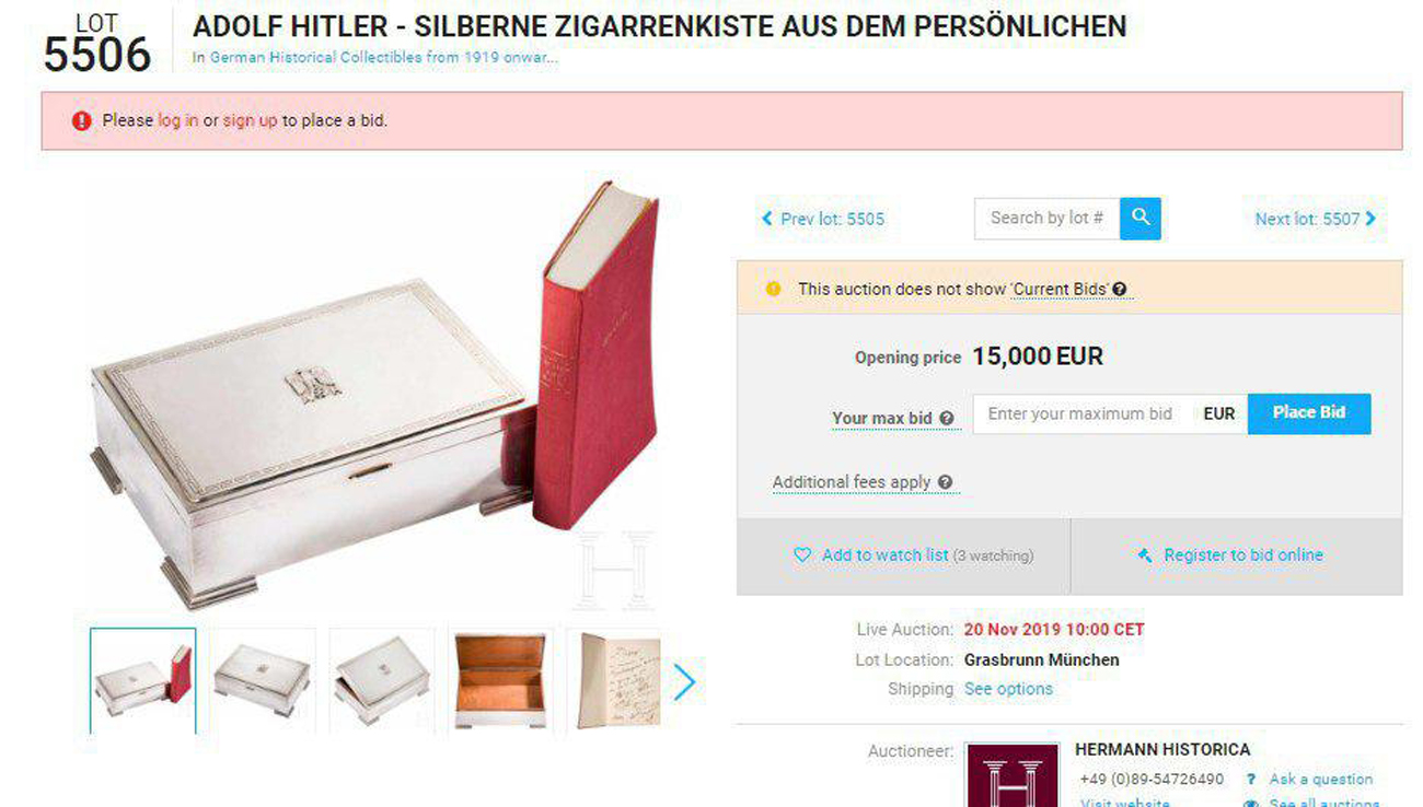 Auction page for Hitler's cigarette case קופסת סיגרים אדולף היטלר רכש עבדללה שתילה חפצים אישיים מכירה פומבית ל עם היהודי