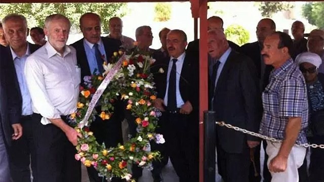 Jeremy Corbyn holds a wreath at the Tunis grave of Atef Bseiso, who helped plan the massacre of 11 Israeli athletes at the 1972 Munich Olympics