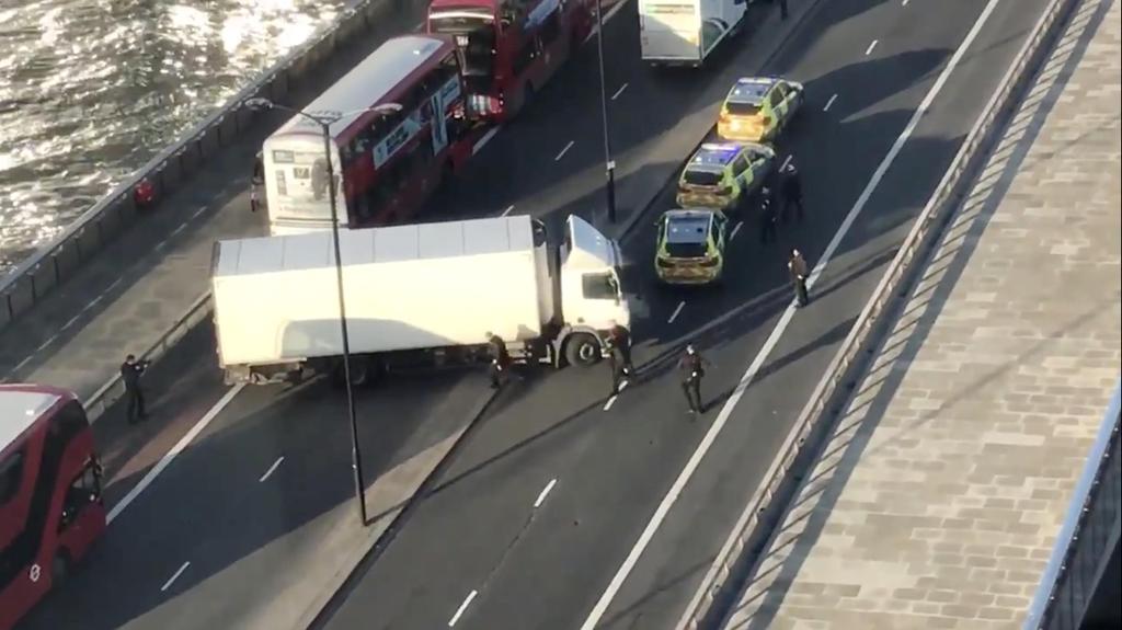 A white truck blocks access to London Bridge following a stabbing attack, Nov. 29, 2019 