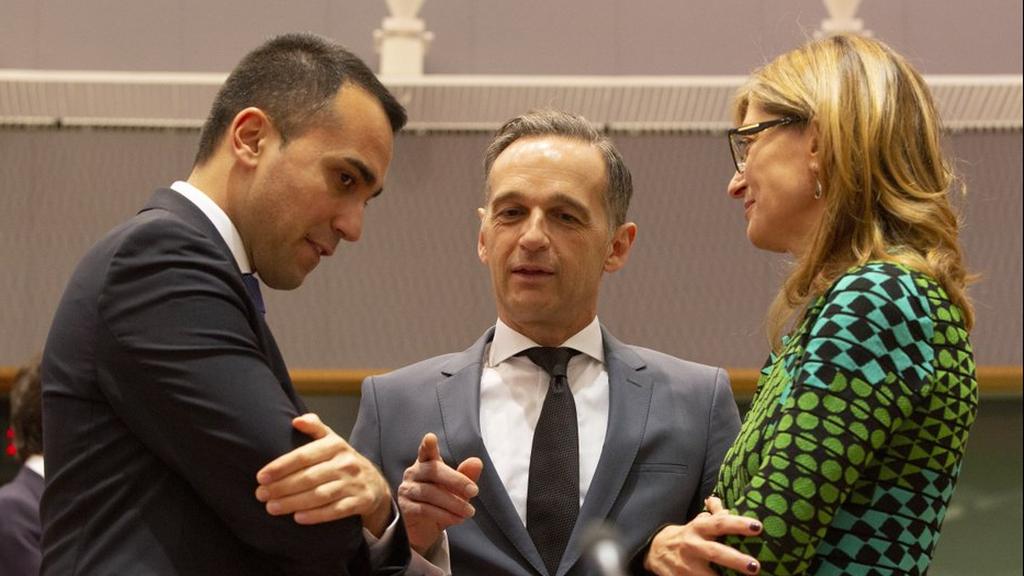 Italian Foreign Minister Luigi Di Maio, left, speaks with German Foreign Minister Heiko Maas, center, and Bulgarian Foreign Minister Ekaterina Zharieva
