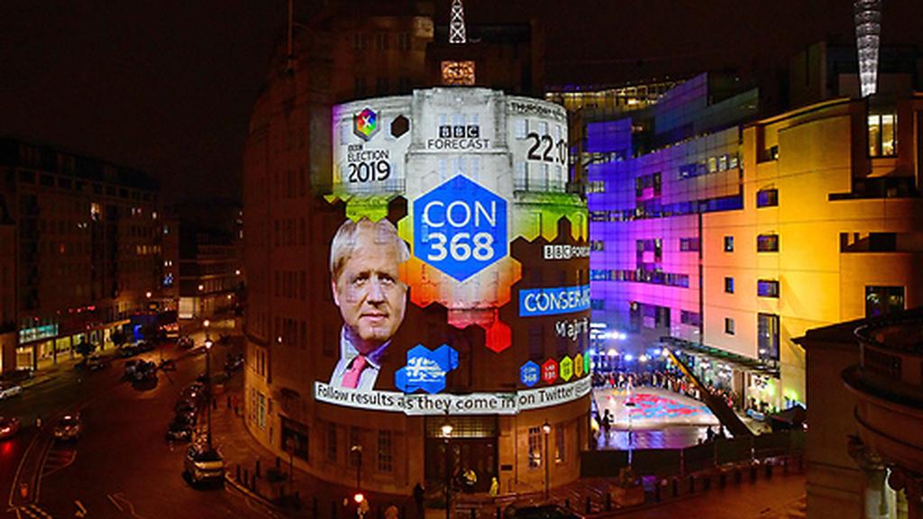 Exit poll results projected onto BBC HQ