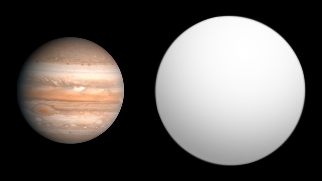 Planet HAT-P-9b, aka Alef, (right) and planet Jupiter
