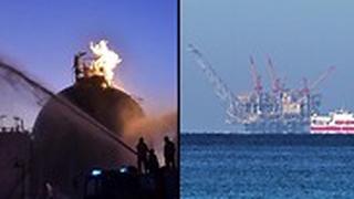 אסדת הקידוח הישראלית לווייתן לצד מתקני נפט שנפגעו בסוריה