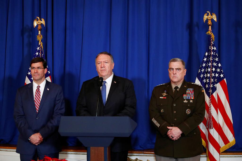 U.S. Secretary of State Mike Pompeo, Army General Mark Milley and U.S. Defense Secretary Mark Esper speak after U.S. attack on Iranian backed militia in Iraq