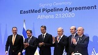 בנימין נתניהו עם ראש ממשלת יוון ונשיא קפריסין חתימה הסכם צינור גז ב אתונה
