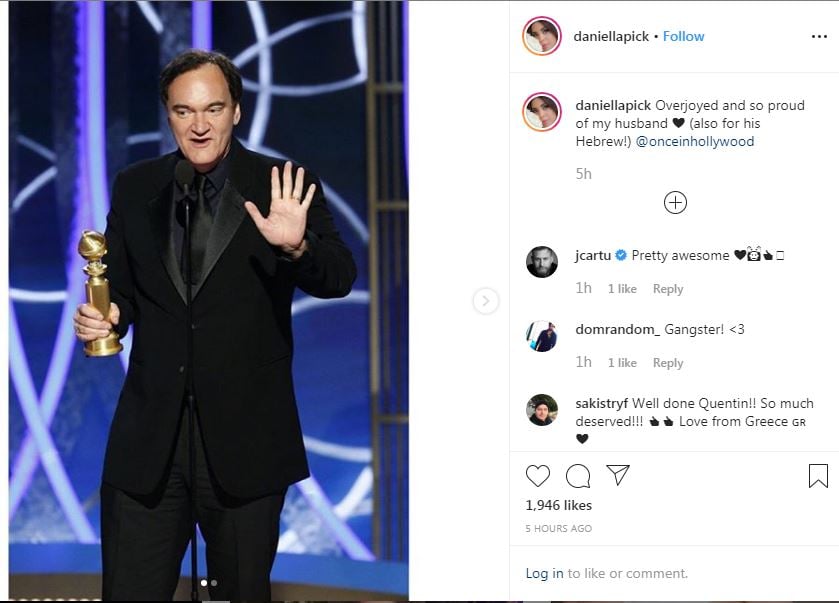 Daniella Pik praises husband Quentin Tarantino for his smattering of Hebrew at the Golden Globes on Sunday  