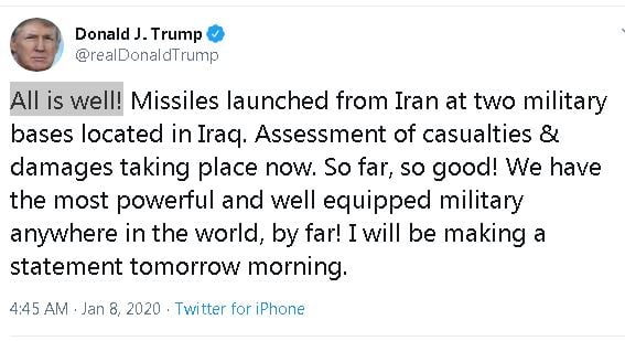U.S. President Donald Trump Tweet on Iranian missile attack