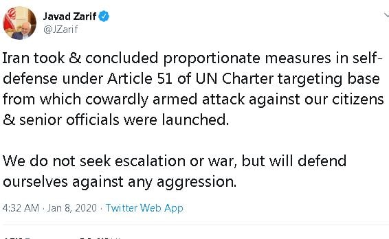 Iranian Foreign Minister Javad Zarif tweet after Iranian missile attack on U.S. forces in Iraq