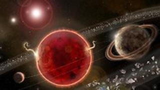 כוכב הלכת שהתגלה (מימין), לצד פרוקסימה קנטאורי (אדום), כוכב הלכת הקטן יותר וטבעת האבק