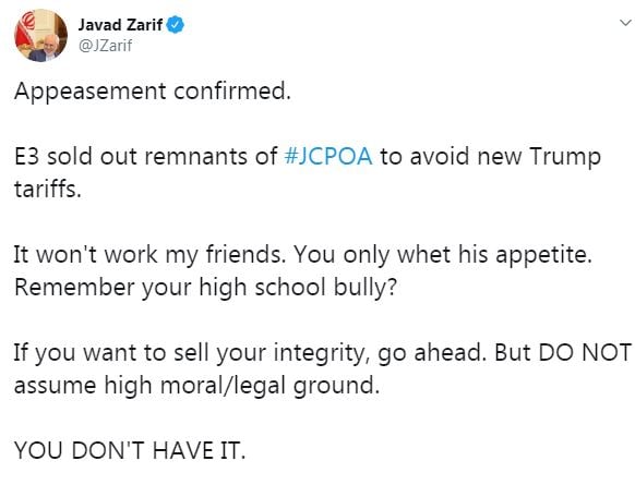 Zarif Tweet on Trump the bully