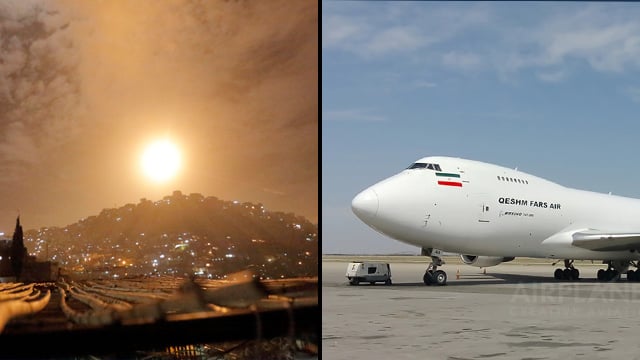 L-R: An alleged Israeli attack in Syria and the Boeing 747 that headed from Tehran to Damascus  