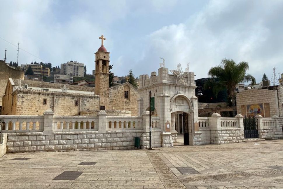 An empty plaza outside the Greek Orthodox Church of the Annunciation in Nazareth 