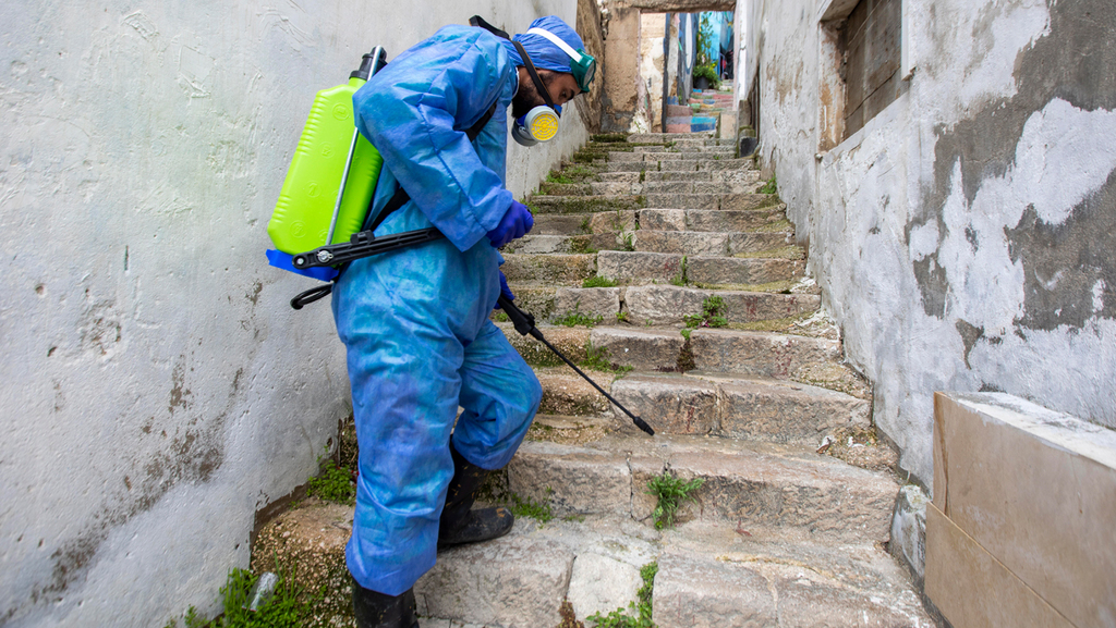 Sanitation worker sprays disinfectant against coronavirus in Amman, Jordan 