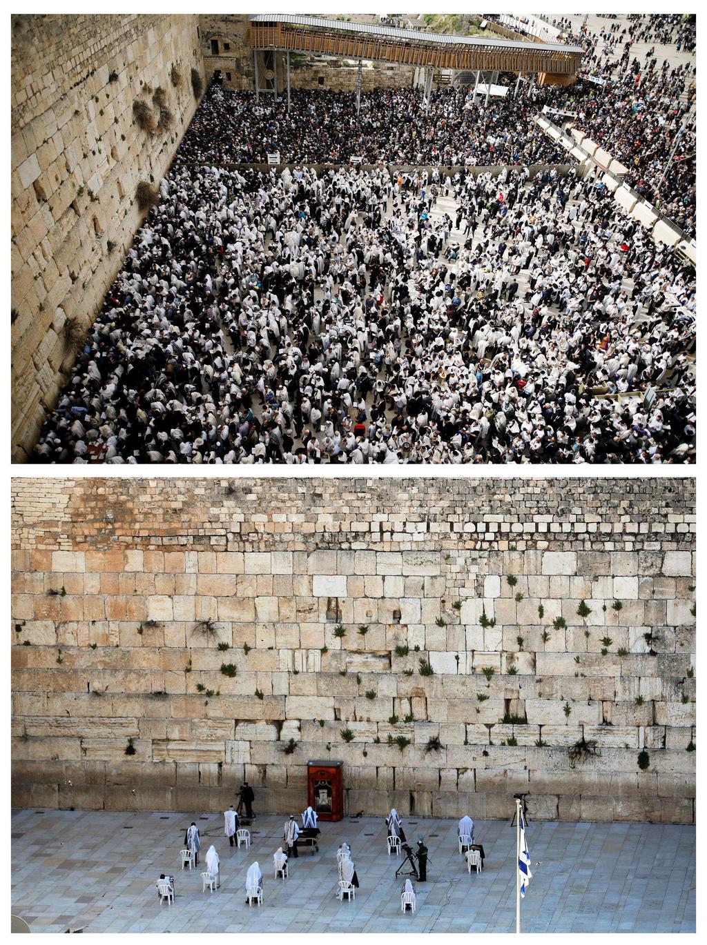 Top: Thousands of worshippers taking part in the priestly blessing during Passover 2017; bottom: The small number of worshippers at this year's blessing 