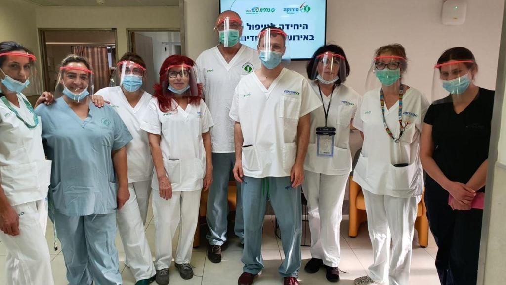 Medical staff at Soroka Hospital in Be'er Sheva team wearing the protective visors 