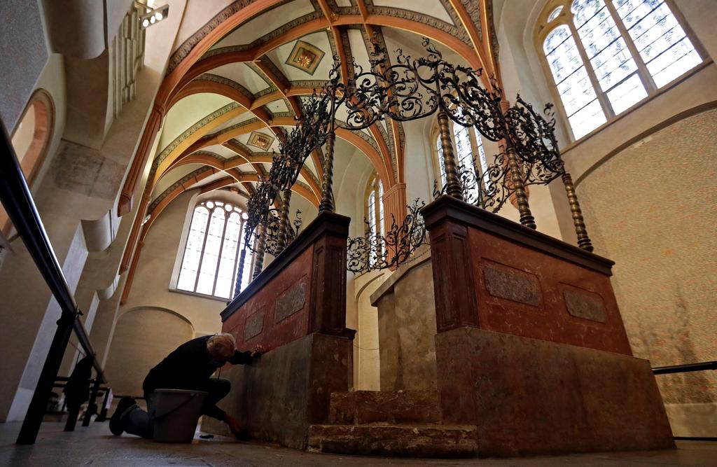 Restoration work at Pinkas Synagogue as Jewish Museum remains closed for public to curb spread of coronavirus disease in Prague, Czech Republic