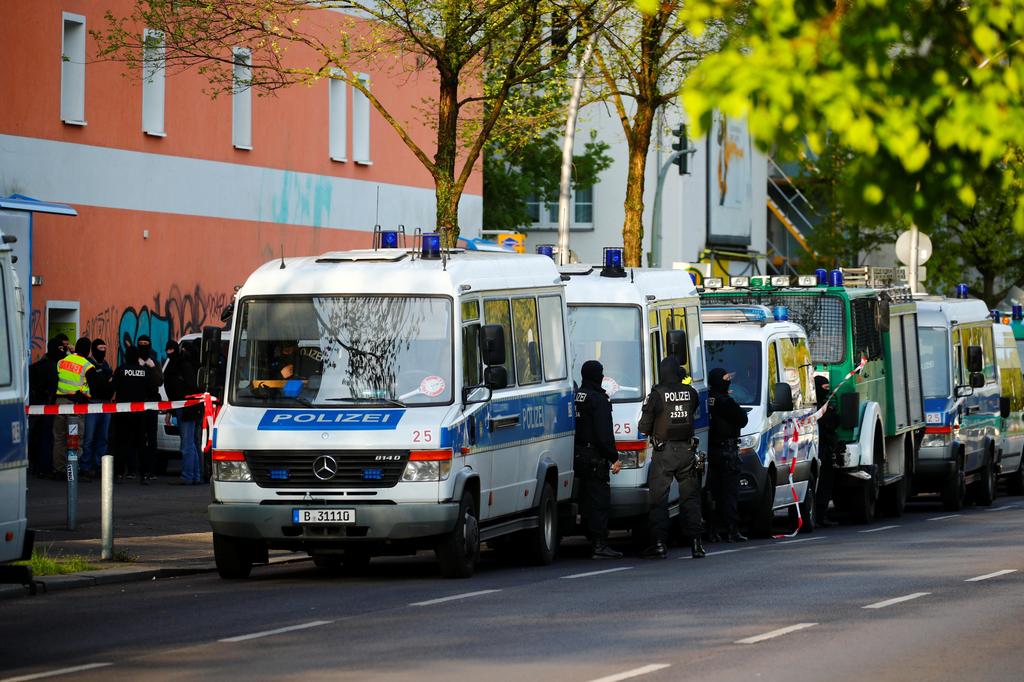 Special police gather near the Al-Irshad Islamic center in Berlin after Germany banned Hezbollah 