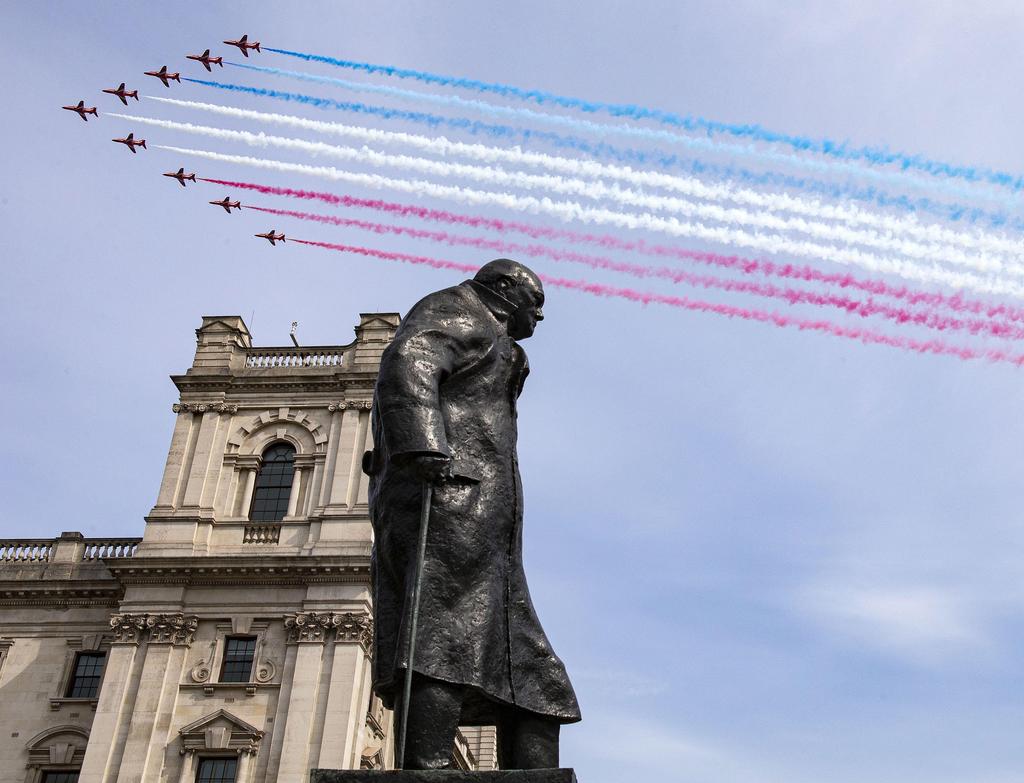 Red Arrows fly over the Churchill statue for the Victory Day 75 celebrations in London