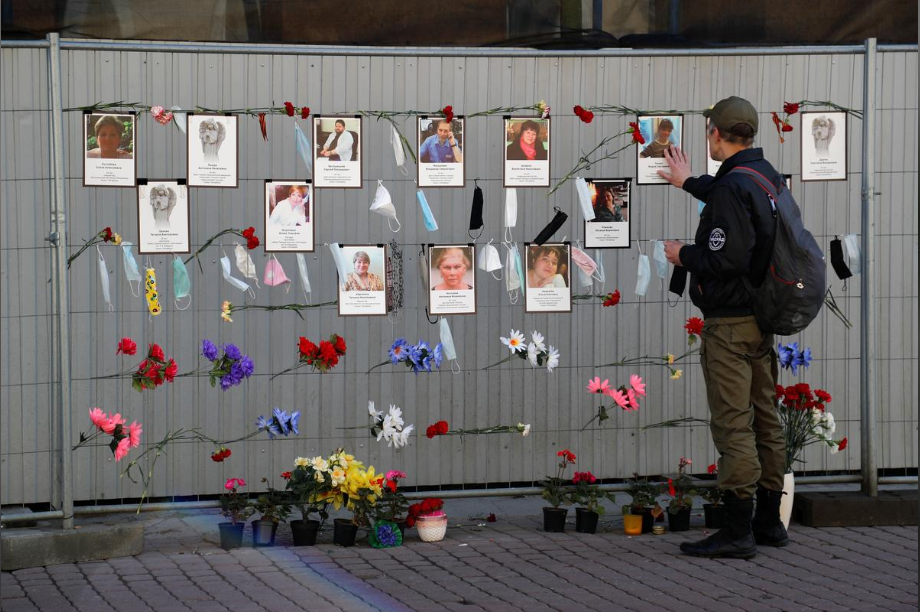 A man visits a makeshift memorial for medics, who died in Saint Petersburg region in the times of the coronavirus disease outbreak 
