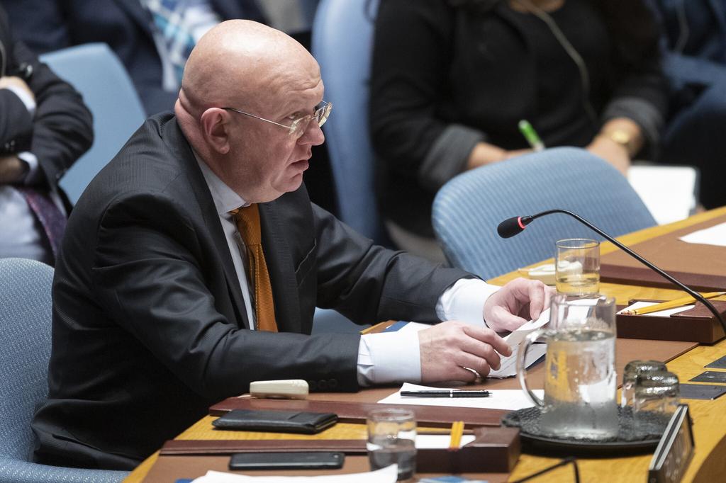 Russian Ambassador to the United Nations Vassily Nebenzia speaks during a Security Council meeting 
