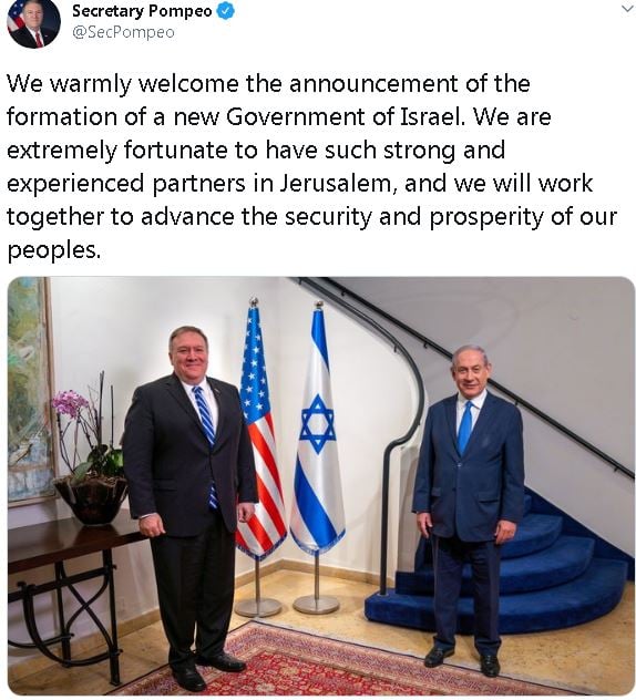U.S. Secretary of State Pompeo on Twitter congratulating Netanyahu on new government 