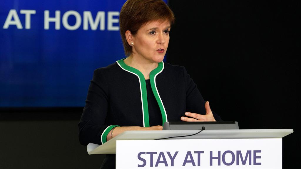  Scotland's First Minister, Nicola Sturgeon speaking by the country's continued "stay at home" slogan, during the Scottish government's daily briefing on the novel coronavirus COVID-19 outbreak