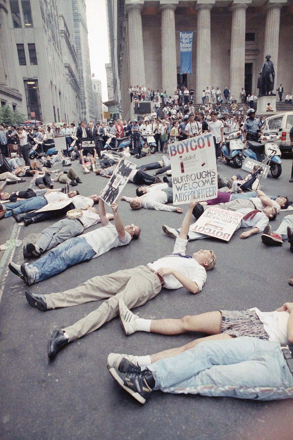 Demonstrators in front of the New York Stock Exchange in 1989 protesting the high cost of the AIDS drug AZT. The protest was organized by the militant group Act Up, of which Mr. Kramer was a founder 