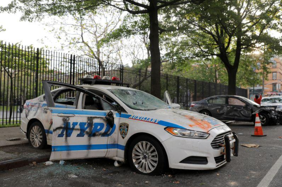 A vandalized NYPD car 