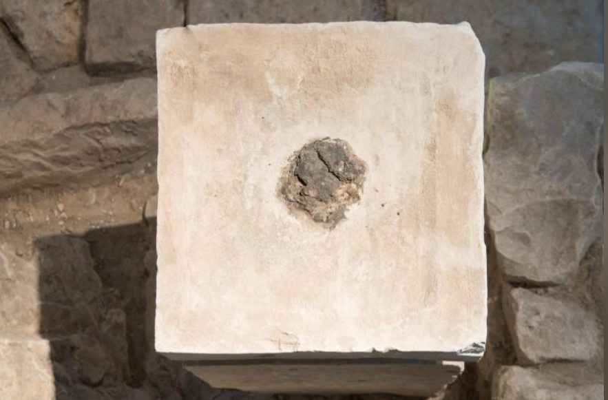 The top of an altar from an ancient religious shrine discovered in southern Israel, on which Israeli researchers say residues of cannabis and animal dung have been found 