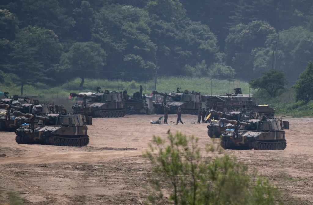 South Korean K-9 self-propelled artillery participate in regular exercises at a drill field near the demilitarized zone (DMZ) in Paju, Gyeonggi-do, South Korea 
