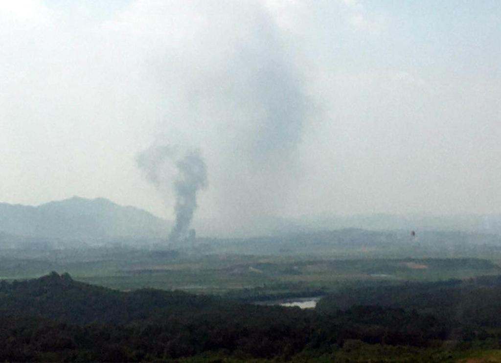 Smoke rise from North Korea's Kaesong Industrial Complex where an inter-korean liaison office was set up in 2018, as seen from South Korea's border city of Paju 