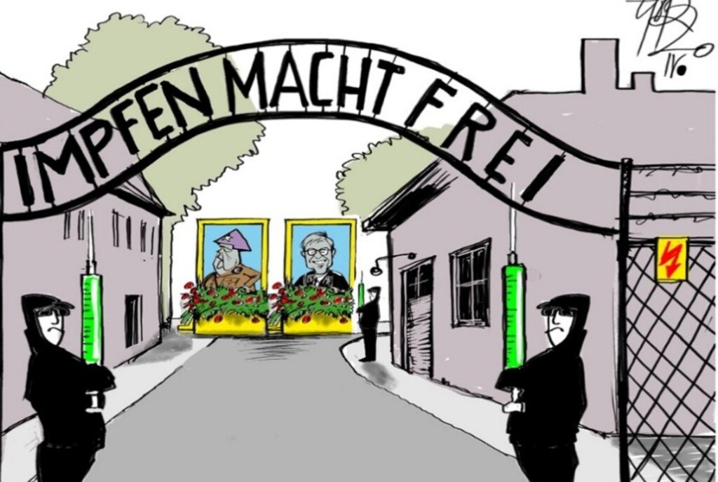 שער הכניסה לאושוויץ ועליו המלים "החיסון משחרר", במקום "העבודה משחררת"