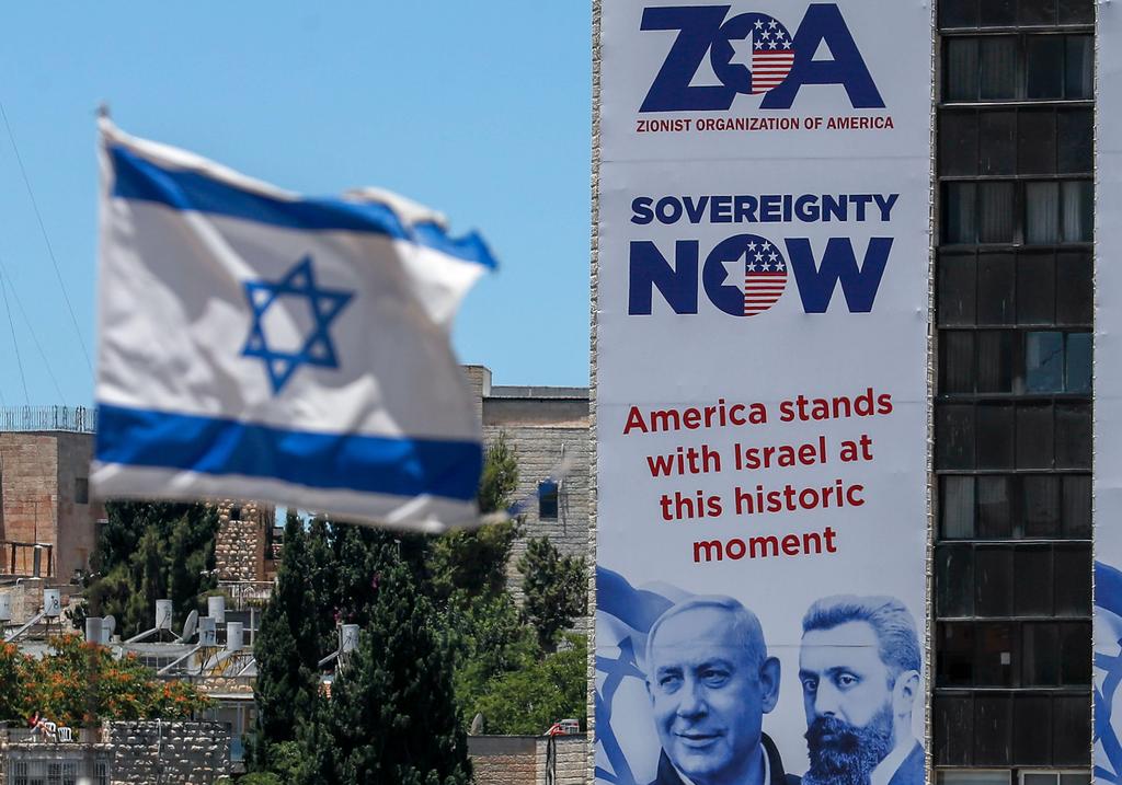 A street sign placed in Jerusalem by the Zionist Organisation Of America expresses support for Israel's plan to annex parts of the West Bank, June 2020 