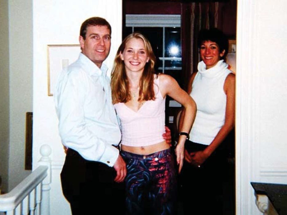 Virgnia Roberts-Giuffre with Prince Andrew and Ghislaine Maxwell 