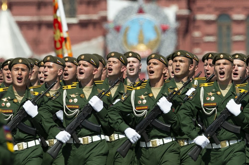 Russian soldiers shout hooray as they march in Red Square during the Victory Day military parade marking the 75th anniversary of the Nazi defeat in WWII, in Moscow, Russia 