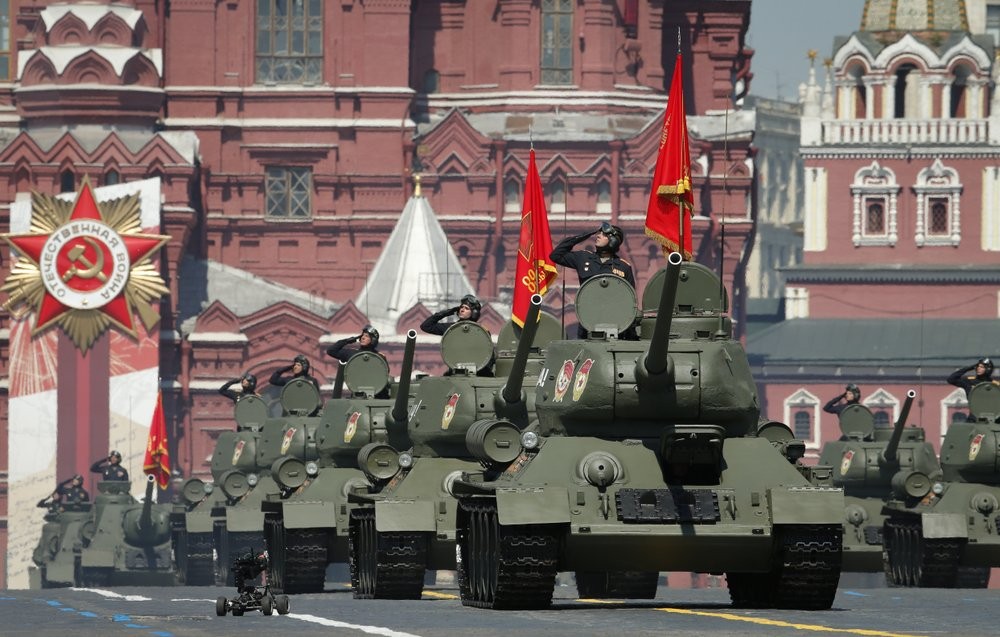 Soviet tanks T-34 roll toward Red Square during the Victory Day military parade marking the 75th anniversary of the Nazi defeat in Moscow, Russia 
