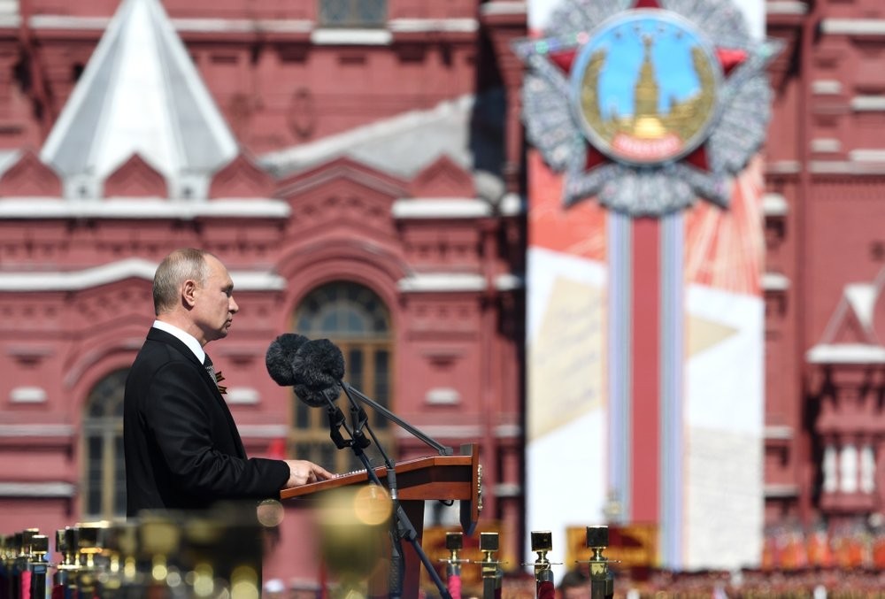 Russian President Vladimir Putin delivers his speech during the Victory Day military parade marking the 75th anniversary of the Nazi defeat in Moscow, Russia 