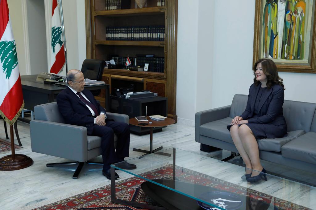 Lebanon's President Michel Aoun meets with U.S. Ambassador to Lebanon Dorothy Shea at the presidential palace in Baabda, Lebanon June 11, 2020