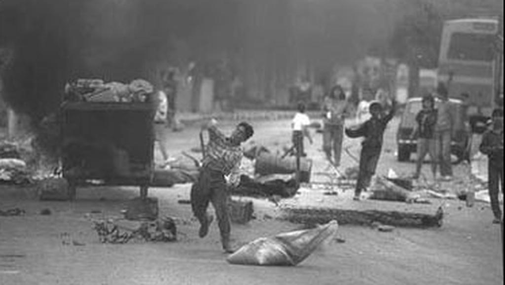 Palestinians riot in the West Bank city of Nablus in 1988 during the First Intifada 