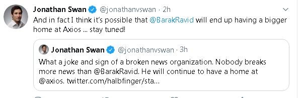 Jonathan Swan Twitter post backing Barak Ravid 
