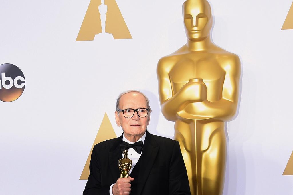 Ennio Morricone with the Oscar for Best Original Score award for 'The Hateful Eight' 