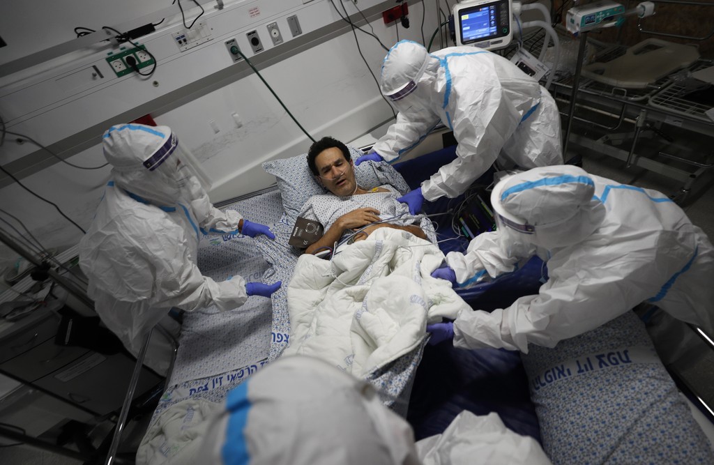A medical team at Ziv Hospital in the northern city of Safed carries out a simulation ahead of the re-opening its coronavirus ward, July 9 2020 
