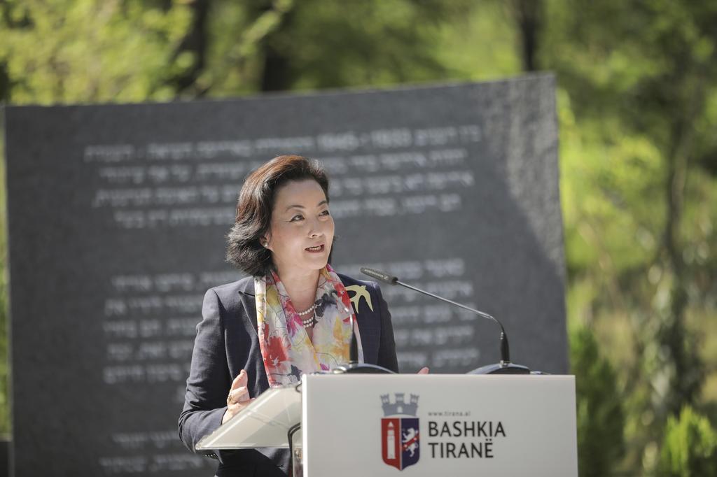 U.S Ambassador to Albania Yuri Kim speaks during the inauguration of Holocaust memorial in Tirana, Albania